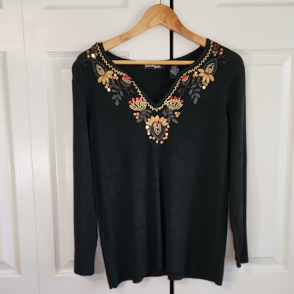 Crossing Pointe Black Embroidered Top Size LG Sequins Beaded‎ Boho Cottagecore